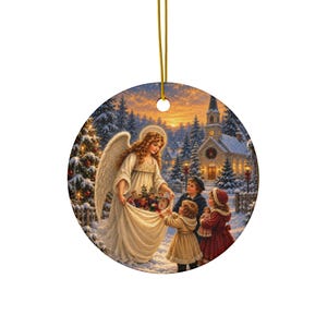 Ángel victoriano con juguetes Adorno navideño, recuerdo de cerámica de doble cara