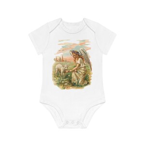 Victorian Organics baby bodysuit, vintage style, cotton clothing, short sleeve, angel with lamb