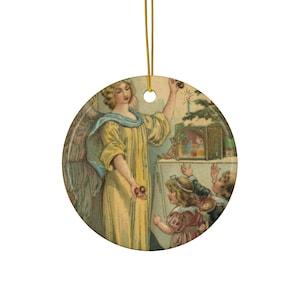 Angel with Children, Ceramic Ornament, Christmas Tree Decor, Vintage Style Ornament, Holiday Collectible, Double-Sided