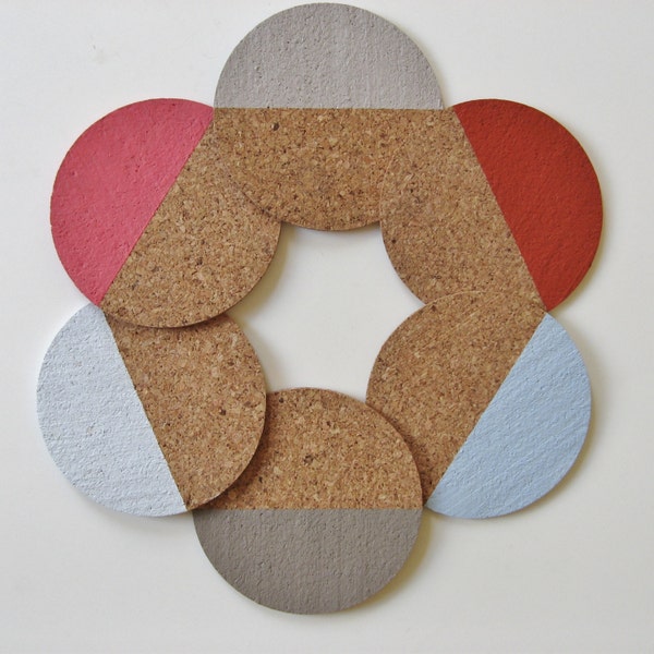 Cork coasters, Dip Dye/Geometric hand painted - Set of 6 coasters. retro Grey/Red/Blue