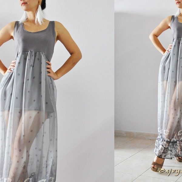 Sassy girl  code 003..gray screen print.. Chiffon mix silk.. maxi dress