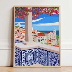 May include: A colorful illustration of a cityscape with a blue tiled balcony overlooking a blue ocean. The balcony is decorated with blue and white tiles and a pink flower bush hangs over the edge.