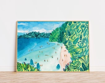 Stampa artistica ad acquerello, stampa artistica sulla spiaggia, poster di viaggio, arredamento per case sulla spiaggia, estetica eterea, arte murale tropicale, arte del nuoto, vacanza al mare