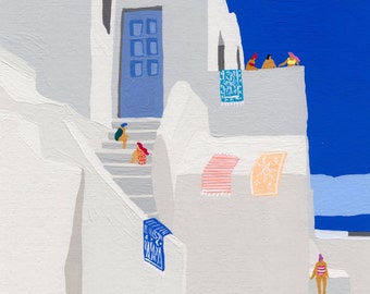 Art print of original painting "Santorini Sun"  - wall decor - personalized gift for mom - architecture - swimming - travel poster