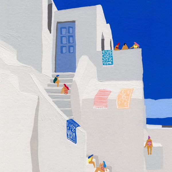 Art print of original painting "Santorini Sun"  - wall decor - personalized gift for mom - architecture - swimming - travel poster