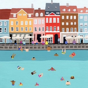 Art print of original painting "Waterfront" by Helo Birdie - Europe illustration - Amsterdam wall decor - colorful buildings - waterfront -