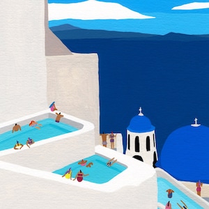 Art print of original painting "Oia outlook" by Helo Birdie - wall decor - personalized gift - swimming poster - architecture - santorini