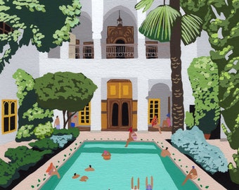 Art print of original painting "Marrakech Riad" by Helo Birdie - morocco swimming pool - moroccan wall decor - travel - architecture poster