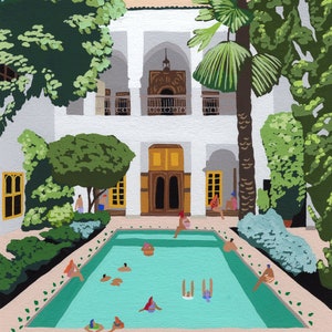 Impresión de arte de la pintura original "Marrakech Riad" de Helo Birdie - piscina marroquí - decoración de la pared marroquí - viajes - cartel de arquitectura