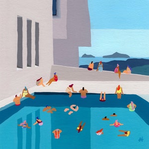 Art print of original gouache painting Modern Views swimming pool building colorful whimsical architecture modern image 1