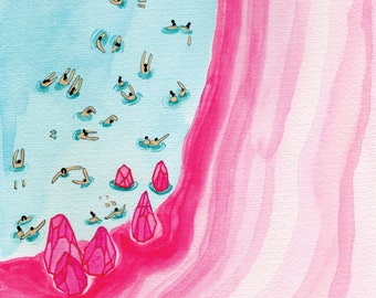 Impression d'art de la peinture originale à l'aquarelle "Pink beach" par Helo Birdie - décoration murale - cadeau personnalisé - art côtier - plage - fantaisiste