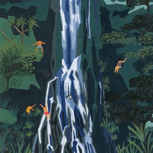 Puede incluir: Una pintura de una cascada que cae por un acantilado rocoso. Una exuberante vegetaci&oacute;n verde rodea la cascada, y la gente nada y salta al agua de abajo. La pintura est&aacute; hecha en un estilo estilizado y plano con colores vivos.