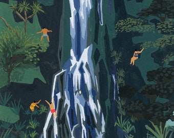 Art print of original painting "Waterfall stop" by Helo Birdie - New Zealand Painting - nature illustration - botanical - travel poster