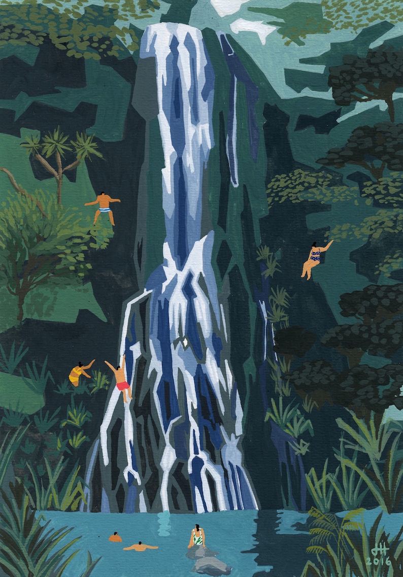 Art print of original painting Waterfall stop by Helo Birdie New Zealand Painting nature illustration botanical travel poster image 1