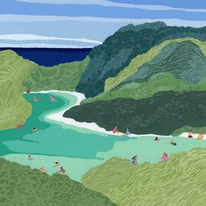 Art print of original gouache painting &quot;Frenchman bay&quot; by Helo Birdie - new zealand beach - nz art - coastal decor - Abel Tasman