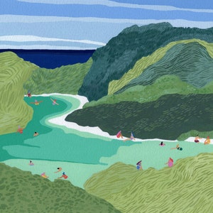 Art print of original gouache painting "Frenchman bay" by Helo Birdie - new zealand beach - nz art - coastal decor - Abel Tasman