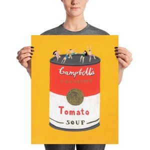 May include: A yellow background with a red and white Campbell's soup can. The can has the text "Campbell's Condensed Tomato Soup".  Five people are standing on the top of the can, as if they are in a pool.
