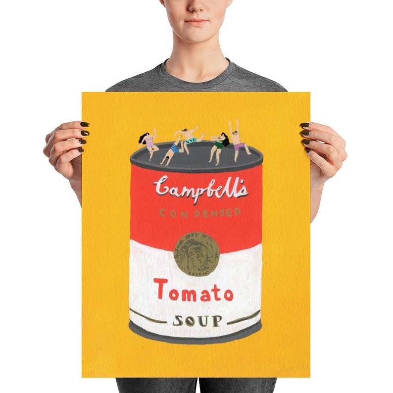 May include: A yellow background with a red and white Campbell's soup can. The can has the text "Campbell's Condensed Tomato Soup".  Five people are standing on the top of the can, as if they are in a pool.