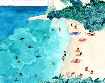 Art print of original watercolor painting "Coromandel" by Helo Birdie - watercolour - New Zealand - beach - ocean - travel - landscape
