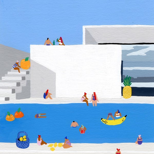 Impression d'art de la peinture originale à la gouache "Fruity House" par Helo Birdie - décoration murale - cadeau personnalisé - affiche de piscine - architecture