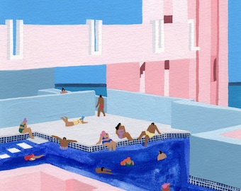 Art print of original gouache watercolor painting "Spain Pool" - swimming - spanish architecture - pink - summer - travel - swimmer