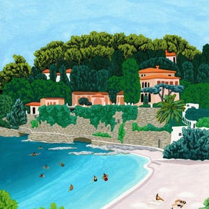 Pintura de la Riviera Francesa de la Playa de Paloma, Francia, pintura de la Costa Azul, pintura francesa, sur de Francia, Saint-Jean-Cap-Ferrat, arte francés