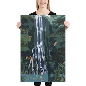 Puede incluir: Una pintura de una cascada que cae por un acantilado rocoso, rodeada de exuberante vegetaci&oacute;n verde. La gente est&aacute; nadando y saltando al agua de abajo. La pintura est&aacute; en un estilo estilizado, casi de dibujos animados, con colores vivos y formas simples.