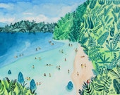 Art Print of watercolor painting "Paradise" by Helo Birdie - Beach - tropical - travel - nature - summer - landscape
