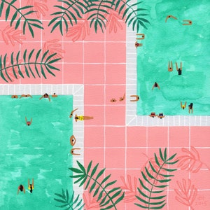 Art print of original painting &quot;Two pools&quot; by Helo Birdie - swimming pool - posters - botanical - tropical - poolside - summer - pink - swim
