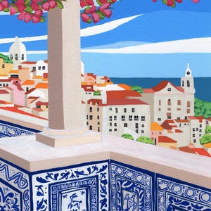 May include: A view of a city from a balcony with a white column and a blue and white tiled railing. The city is in the distance and the sky is blue with white clouds. There are pink flowers in the foreground.
