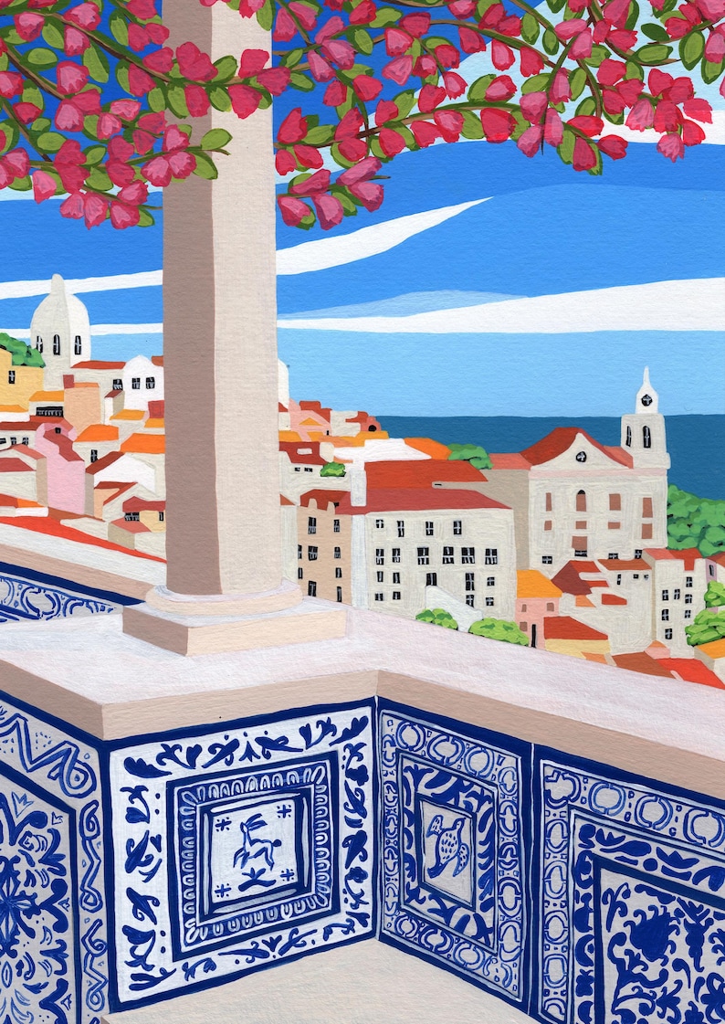 May include: A view of a city from a balcony with a white column and a blue and white tiled railing. The city is in the distance and the sky is blue with white clouds. There are pink flowers in the foreground.