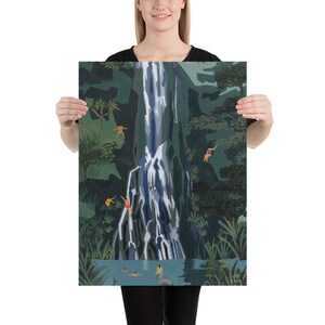 Puede incluir: Una ilustraci&oacute;n digital de una cascada que cae por un acantilado. El agua es de color azul claro y blanco, y el acantilado es de color verde oscuro. Hay personas nadando y saltando desde el acantilado hacia el agua de abajo. La ilustraci&oacute;n est&aacute; sobre un fondo verde oscuro con palmeras y otros follajes.