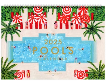 2025 wall Calendar, Swimming Pools illustrated calendar, artist wall Calendar, 12 Month Calendar (worldwide shipping)