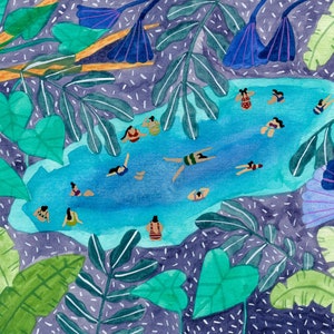 Art print of watercolor painting "Midnight jungle pool" by Helo Birdie - wall decor - personalized gifts - whimsical art - unique - jungle