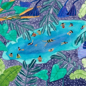 Lámina artística de la acuarela "Piscina de la jungla a medianoche" de Helo Birdie - Decoración de pared - Regalos personalizados - Arte caprichoso - Único - Jungla