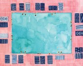 Art print of original watercolor painting " Turkish towel pink pool " by Helo Birdie - whimsical art print- swimming pool - turkey - travel