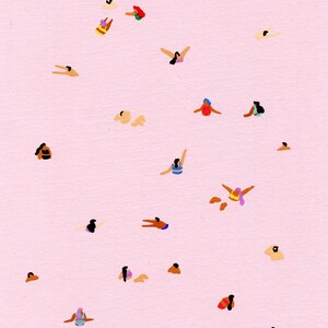May include: A pink background with multiple small figures of people swimming in different positions. The figures are all in various shades of blue, red, yellow, and green.