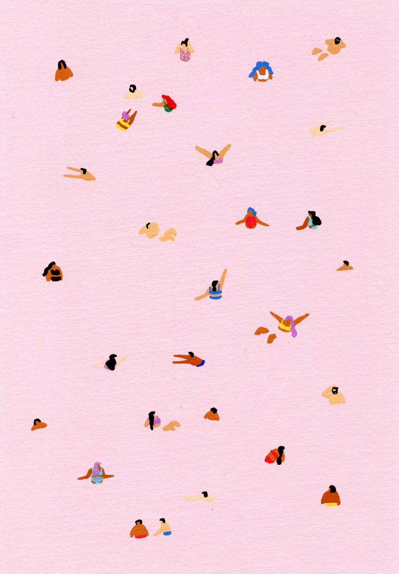 May include: A pink background with multiple small figures of people swimming in different positions. The figures are all in various shades of blue, red, yellow, and green.