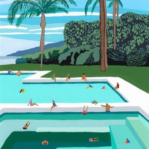 Art print of original gouache painting by Helo Birdie "Beachy Pool" - wall decor - swimming - tropical - coastal - summer - gift ideas