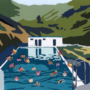 Impresión de arte de la pintura original "Seljavallalaug" de Helo Birdie - piscina - viajes - nadar - decoración de la pared de Islandia - cartel islandés