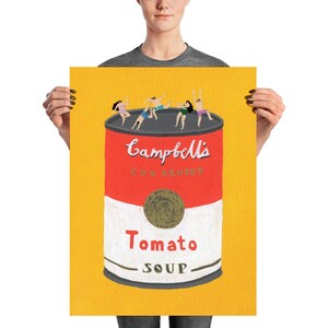 May include: A yellow background with a red and white Campbell's soup can. The can has the text "Campbell's Condensed Tomato Soup". Five people are standing on top of the can, as if they are in a pool.
