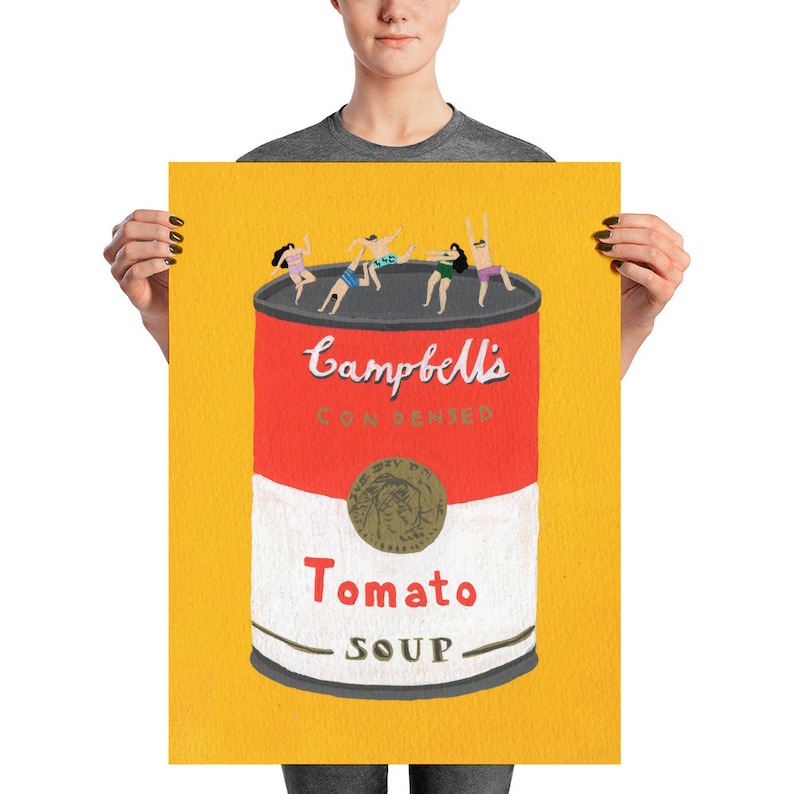 May include: A yellow background with a red and white Campbell's soup can. The can has the text "Campbell's Condensed Tomato Soup". Five people are standing on top of the can, as if they are in a pool.