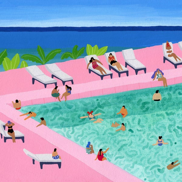 Art print of original Gouache watercolor painting by Helo Birdie - " Seaview " - wall decor - unique gifts - swimming pool poster - pink art