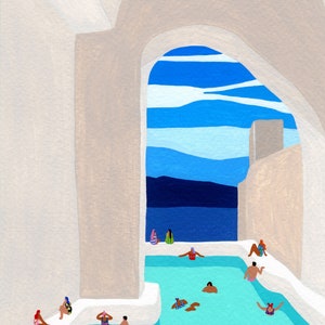 Art print of original painting by Helo Birdie "Canaves Oia" - wall decor - Santorini - Greece - Beach - travel - gift ideas - swim