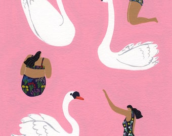 Original gouache painting "Swanning around"