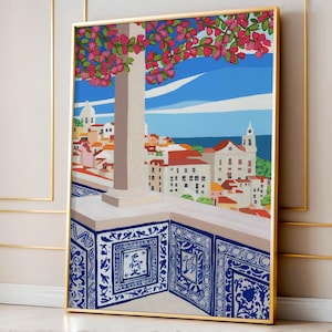 May include: A colorful painting of a cityscape with a blue tiled balcony overlooking the ocean. Pink flowers bloom in the foreground, and the city is painted in shades of white, yellow, and red.