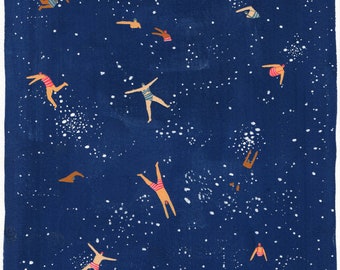 Sky Swim - Art print of original painting by Helo Birdie - stars - night - whimsical - swimmers - swimming - poster - wall art decor -