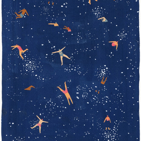 Sky Swim - Art print of original painting by Helo Birdie - stars - night - whimsical - swimmers - swimming - poster - wall art decor -