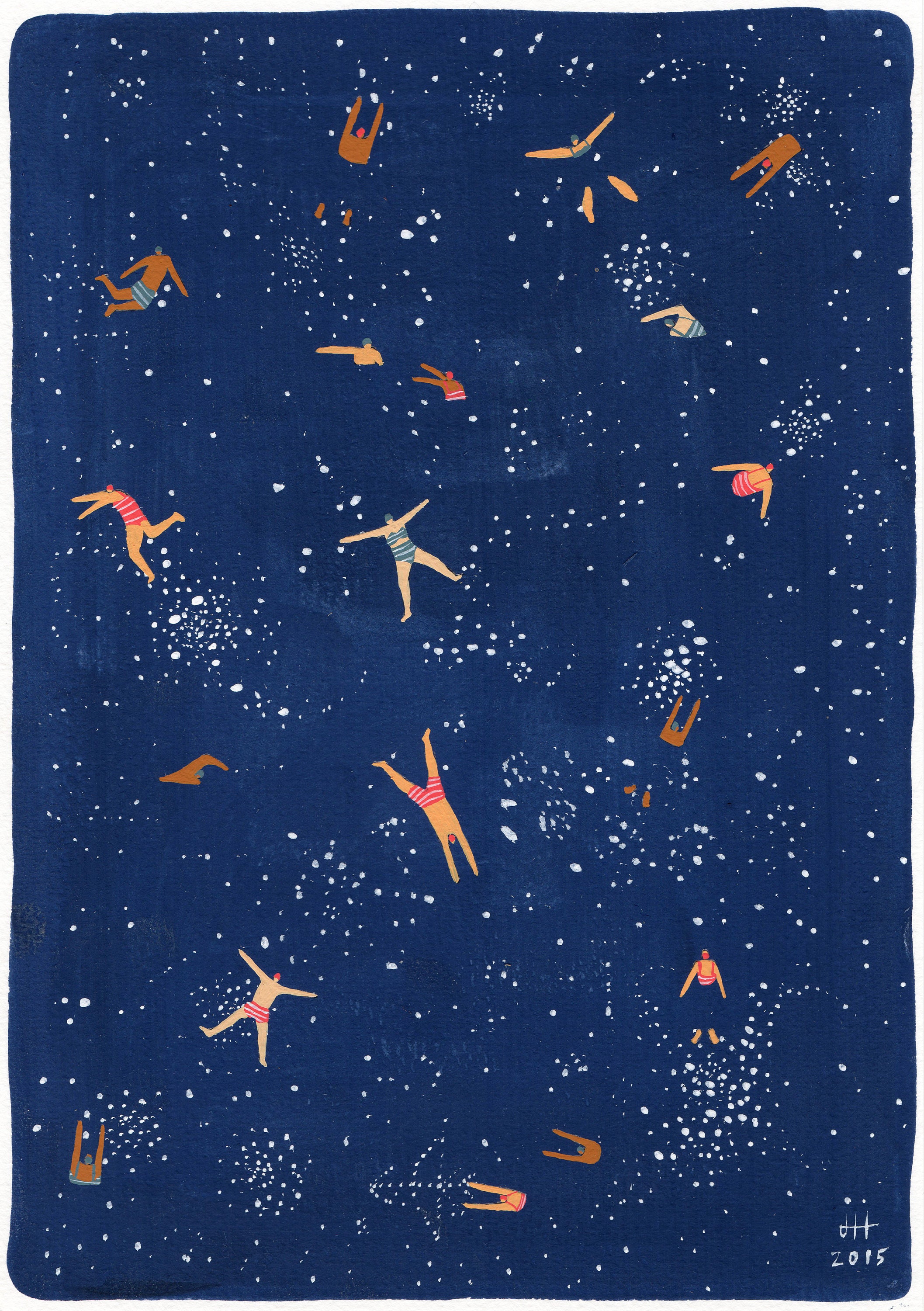 Sky Swim - Art print of original painting by Helo Birdie - stars - night - whimsical - swimmers - swimming - poster - wall art decor -
