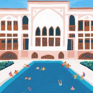 "Kunstdruck von Original Gouache Gemälde ""Ameriha House"" - Iran - Iranian - Iran Poster - Reise - Schwimmbad - Architektur -"